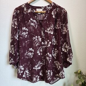 EUC LOFT Women's Floral Blouse - Burgundy and White Small